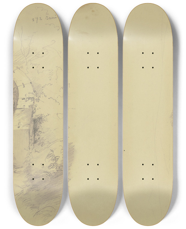 Triptych art skateboard deck of Jakob Becker Studienblatt Parktreppe Landschaft by Jakob Becker (1810-1872)