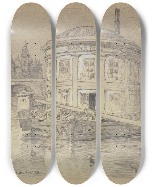 Triptych art skateboard deck of Ferdinand Boberg Les Bains Vigier Au Pontneuf by Ferdinand Boberg (1860-1946)