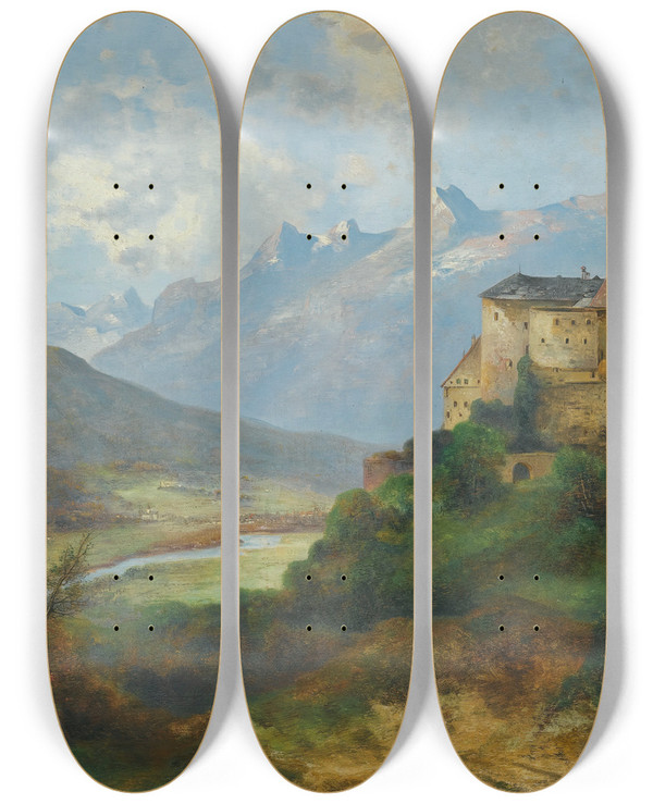 Triptych art skateboard deck of Adolf Obermllner Schloss Vaduz by Adolf Obermullner (1833-1898)