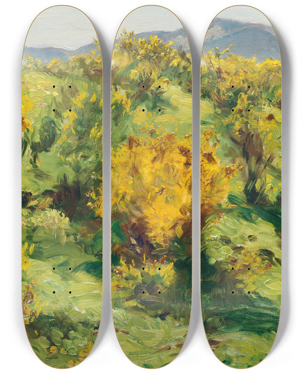Triptych art skateboard deck of Wilhelm Gustav Friedrich Hasemann Blooming Gorse by Wilhelm Gustav Friedrich Hasemann