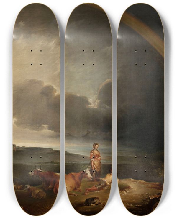 Triptych art skateboard deck of Peter Francis Bourgeois Landscape With A Rainbow by Peter Francis Bourgeois (1753-1811)