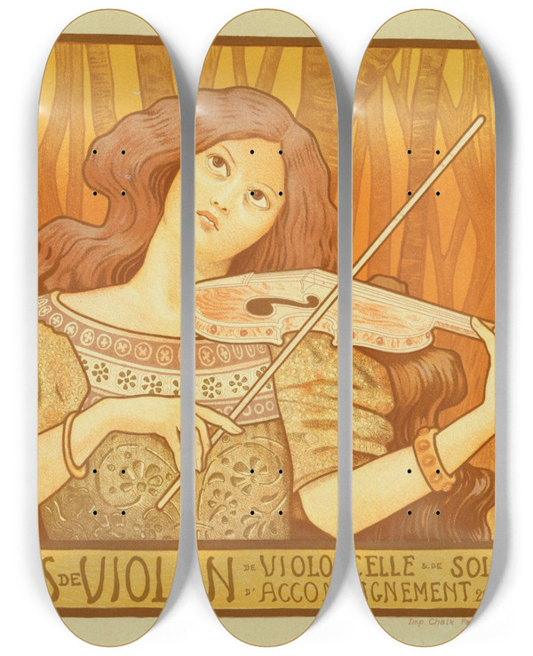 Triptych art skateboard deck of Paul Berthon Leons De Violon by Paul Berthon (1872-1909)