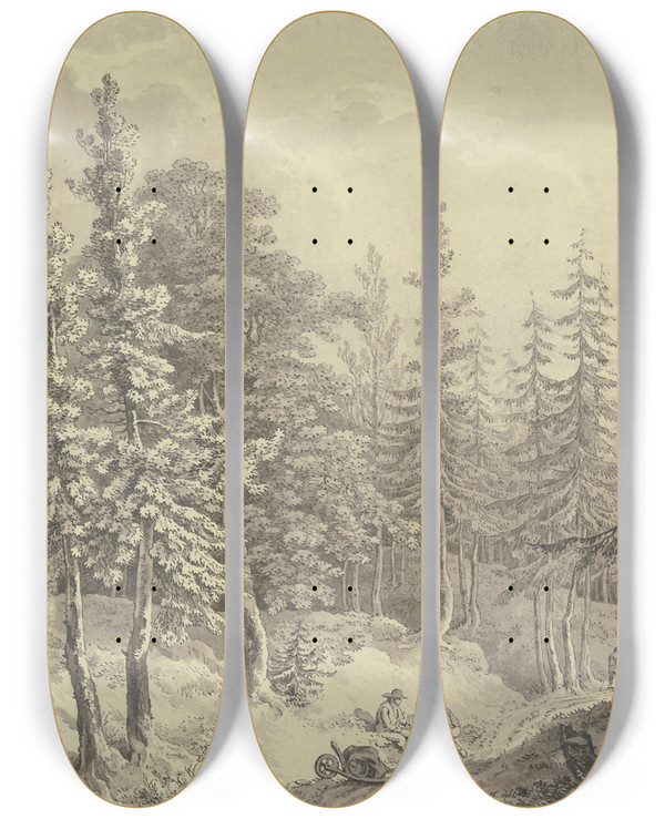 Triptych art skateboard deck of Adrian Zingg Weg Durch Einen Dichten Tannenwald by Adrian Zingg (1734-1816)