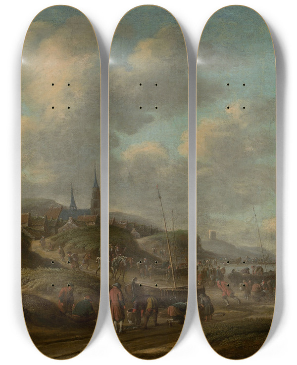 Triptych art skateboard deck of Thomas Heeremans Coast In Scheveningen by Thomas Heeremans (1641-1694)
