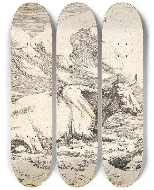 Triptych art skateboard deck of Marcus De Bye Liggende Ko_2 by Marcus de Bye (1638-1688)