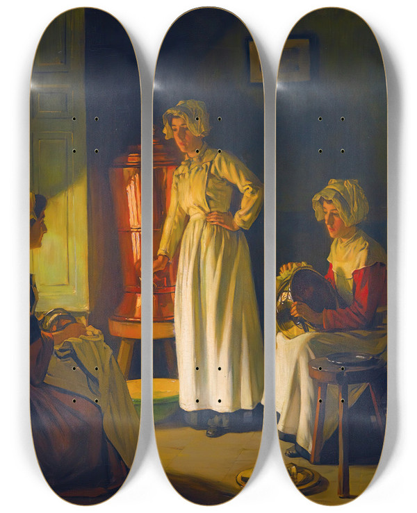 Triptych art skateboard deck of Joseph Bail Les Polisseuses by Joseph Bail (1862-1921)