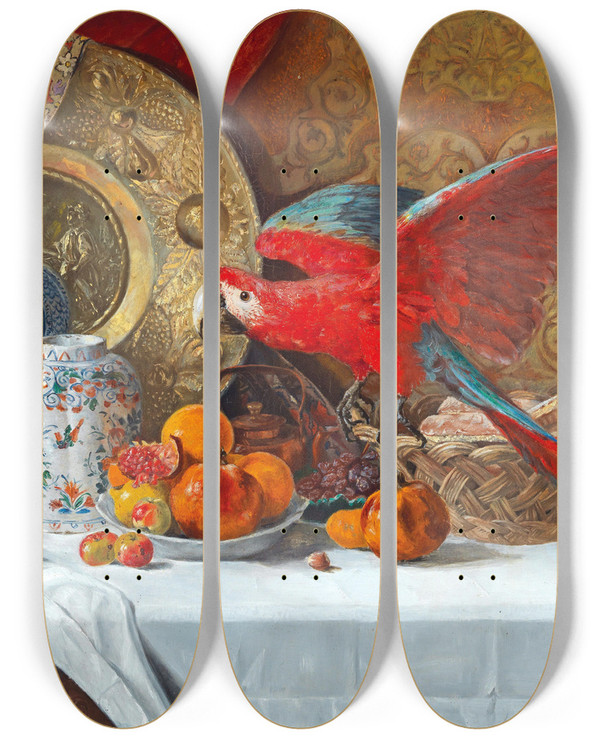 Triptych art skateboard deck of Adrien Moreau Groes Stillleben Mit Papagei by Adrien Moreau (1843-1906)