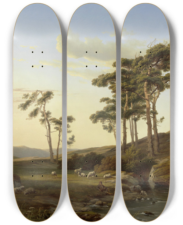Triptych art skateboard deck of Cornelis Lieste Avondstemming Met Herder by Cornelis Lieste (1817-1861)