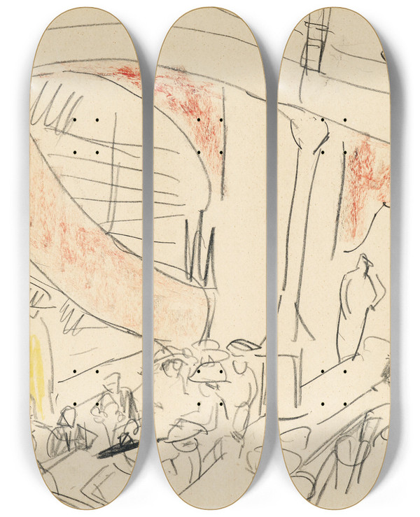 Triptych art skateboard deck of Ernst Ludwig Kirchner Dinnerparty by Ernst Ludwig Kirchner (1880-1938)