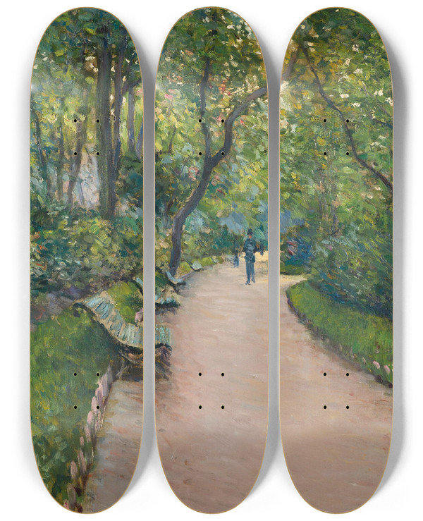 Triptych art skateboard deck of Gustave Caillebotte Le Parc Monceau by Gustave Caillebotte (1848-1894)