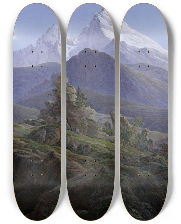 Triptych art skateboard deck of Caspar David Friedrich The Watzmann by Caspar David Friedrich (1774-1840)
