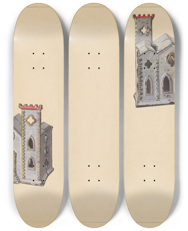 Triptych art skateboard deck of Alf Bruseth Cathedral Coin Box by Alf Bruseth