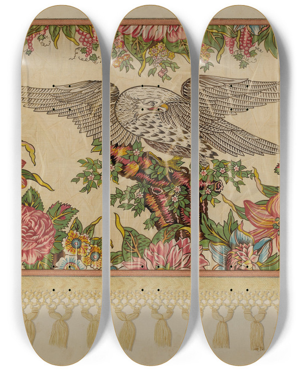 Triptych art skateboard deck of Raymond Manupelli Chintz Valance For Poster Bed by Raymond Manupelli