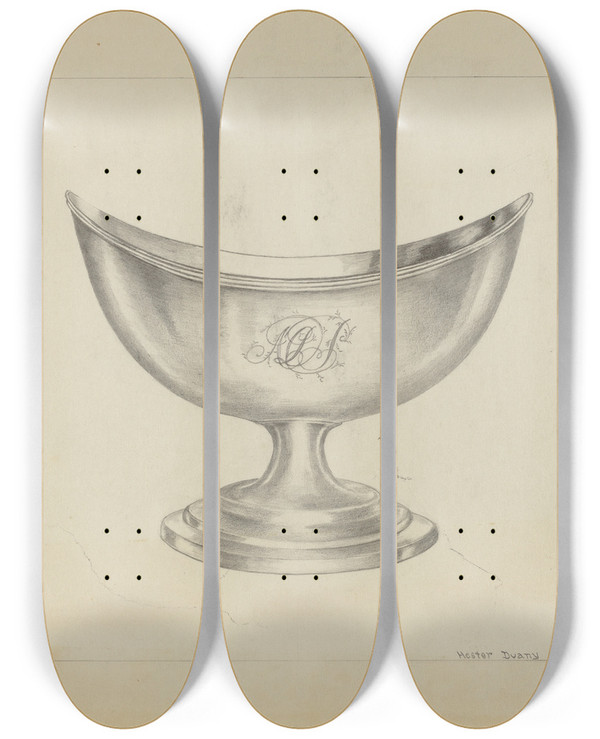 Triptych art skateboard deck of Hester Duany Silver Sugar Bowl_3 by Hester Duany (1891-1964)