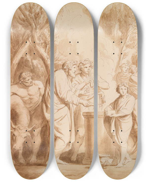 Triptych art skateboard deck of Andries Cornelis Lens Classical Scene by Andries Cornelis Lens (1739-1822)