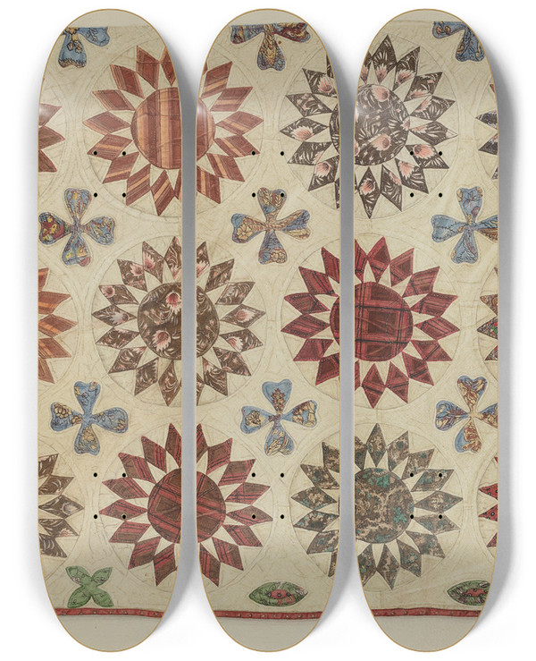 Triptych art skateboard deck of Charlotte Winter Sunburst Quilt by Charlotte Winter (20-)