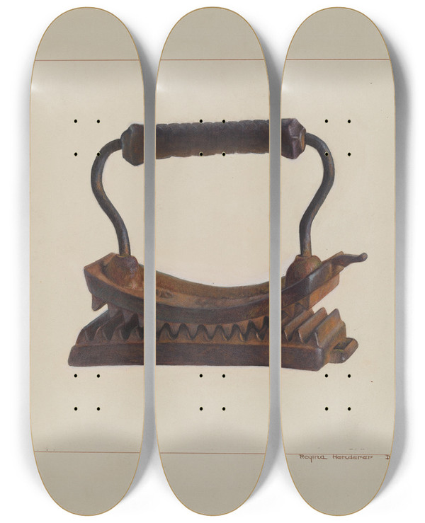 Triptych art skateboard deck of Regina Henderer Fluting Iron by Regina Henderer