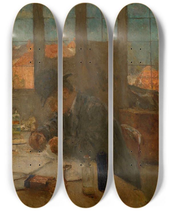 Triptych art skateboard deck of Evert Larock The Studio by Evert Larock (1865-1901)