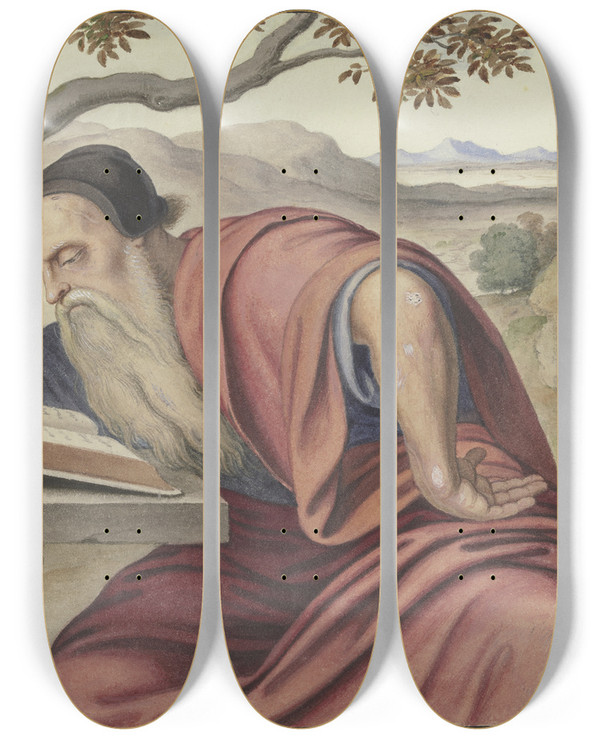 Triptych art skateboard deck of Ferdinand Olivier Der Heilige Hieronymus In Einer Landschaft Lesend by Ferdinand Olivier