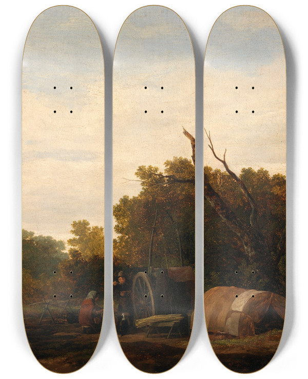 Triptych art skateboard deck of William Mulready A Gypsy Encampment by William Mulready (1786-1863)