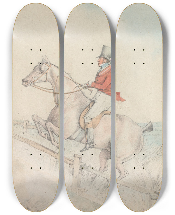 Triptych art skateboard deck of Henry Thomas Alken Two Riders Taking A Double Fence by Henry Thomas Alken (1785-1851)