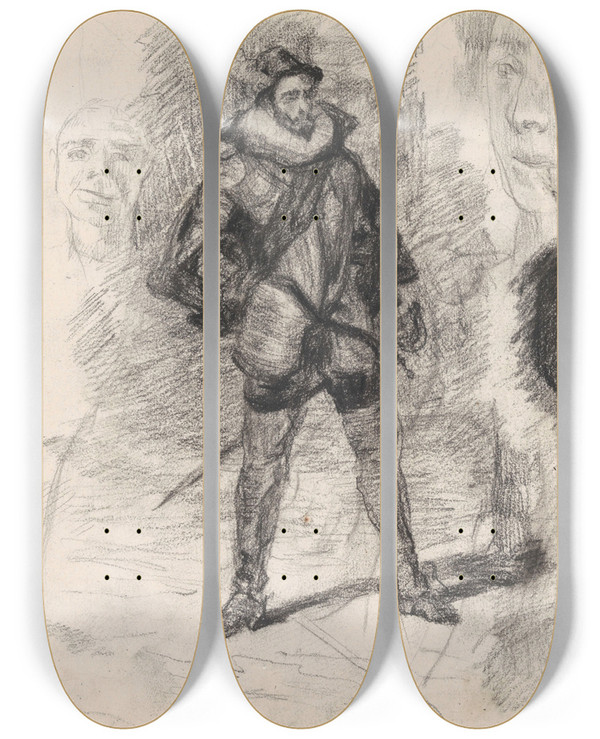 Triptych art skateboard deck of James Ensor Don Quixote And Four Faces by James Ensor (1860-1949)