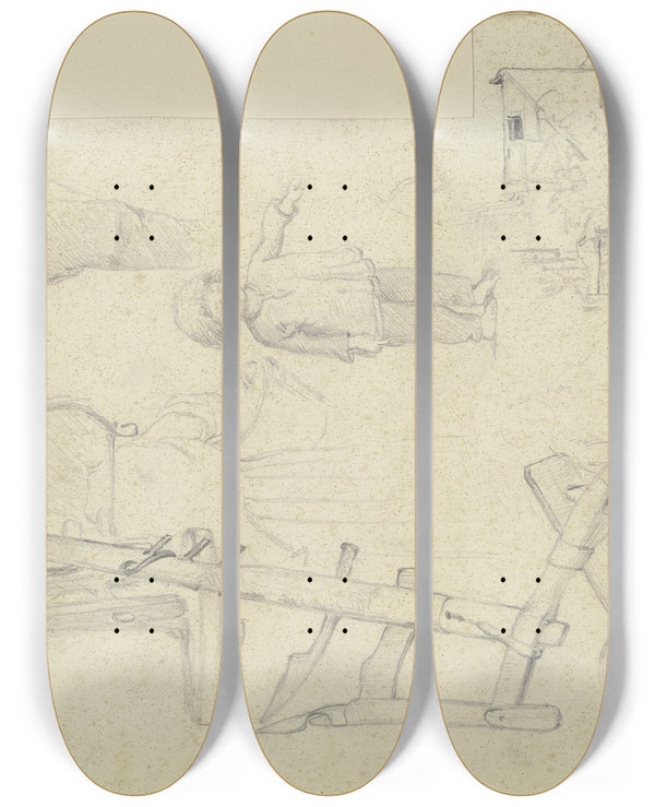 Triptych art skateboard deck of Teutwart Schmitson Studienblatt Figuren Objekte Ein Haus Und Ein Rind by Teutwart Schmitson (1830-1863)