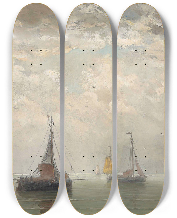 Triptych art skateboard deck of Hendrik Willem Mesdag Bomschuiten In The Breakers by Hendrik Willem Mesdag (1831-1915)