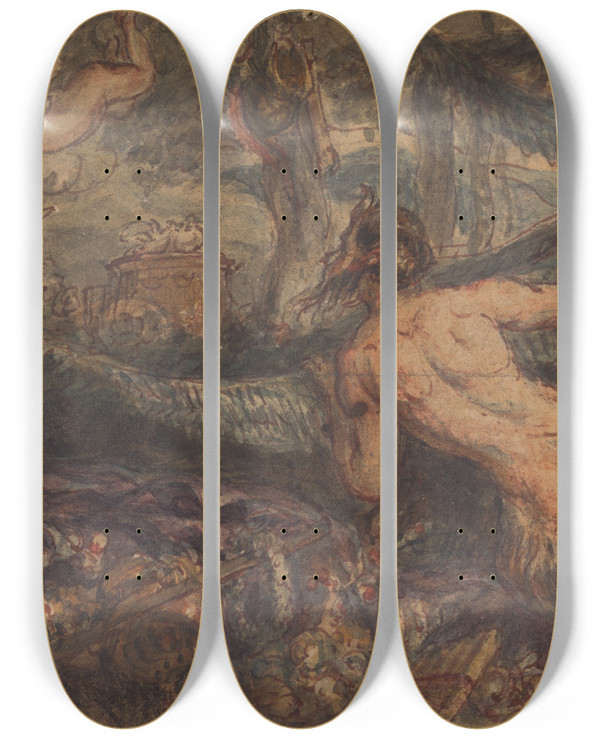 Triptych art skateboard deck of Robert Smirke Pan Spying From Behind A Tree At Putti Shooting Arrows by Robert Smirke (1752-1845)