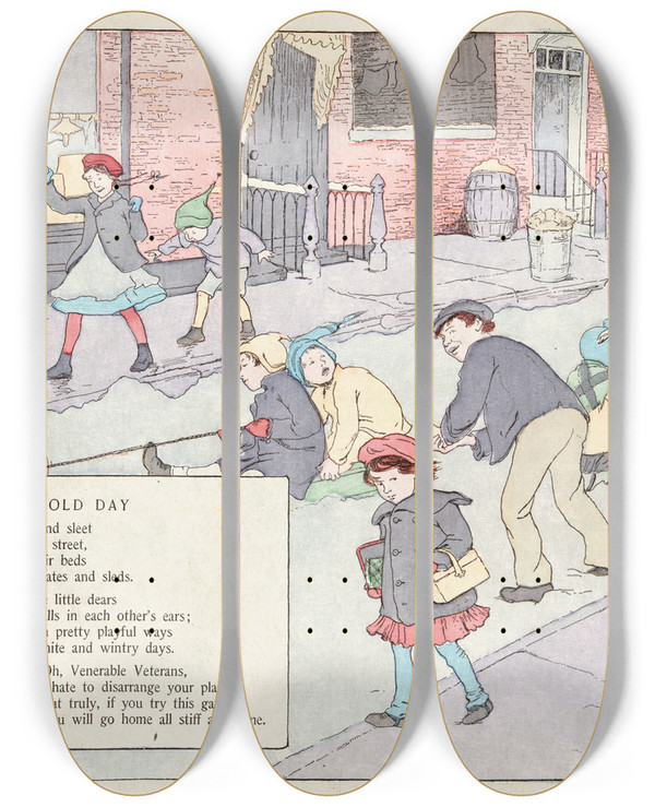 Triptych art skateboard deck of Ethel Mars A Cold Day by Ethel Mars (1876-1959)