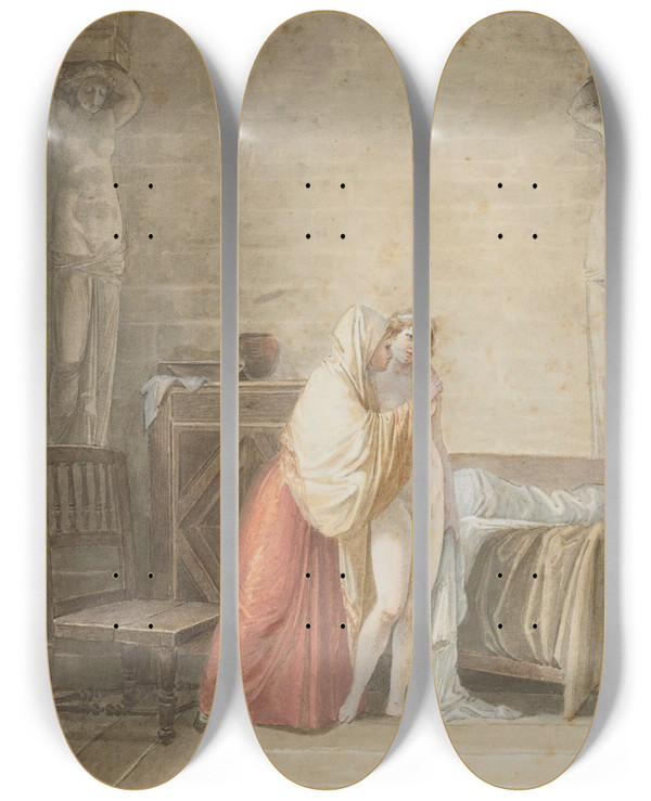 Triptych art skateboard deck of Jeanbaptiste Mallet Les Derniers Conseils by Jean-Baptiste Mallet (1759-1835)