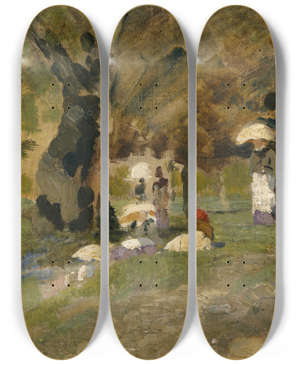 Triptych art skateboard deck of Tina Blau Sommertag Im Prater by Tina Blau (1845-1916)