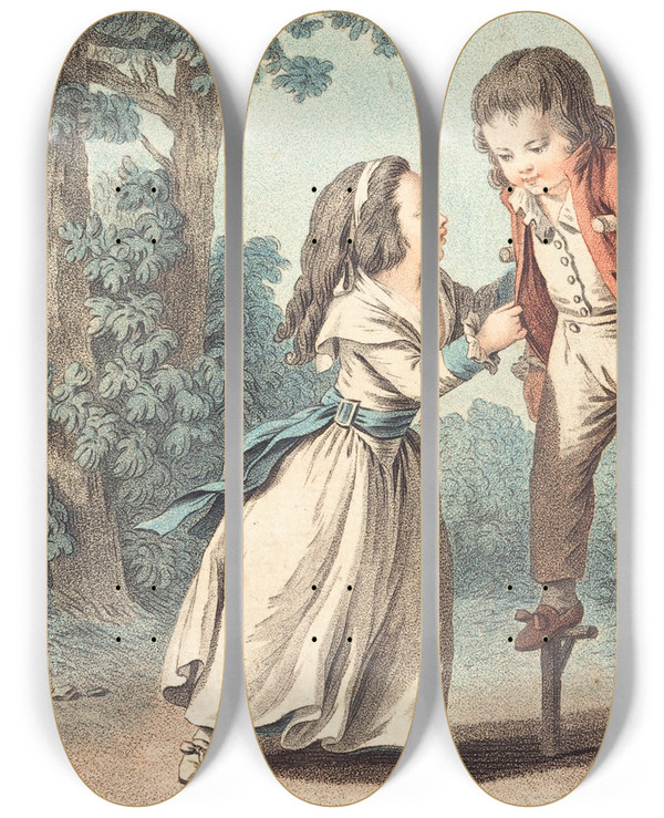 Triptych art skateboard deck of Louismarin Bonnet Les Chasses by Louis Marin Bonnet (1736-1793)