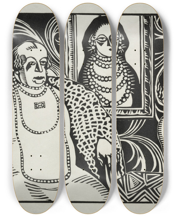 Triptych art skateboard deck of Hermann Paul Pour Moi Le Plus Diffile Cest De Mhabituer Porter Un Chapeau by Hermann Paul (1864-1940)