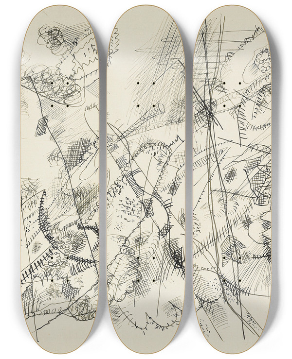 Triptych art skateboard deck of Wassily Kandinsky Design For An Etching by Wassily Kandinsky (1866-1944)