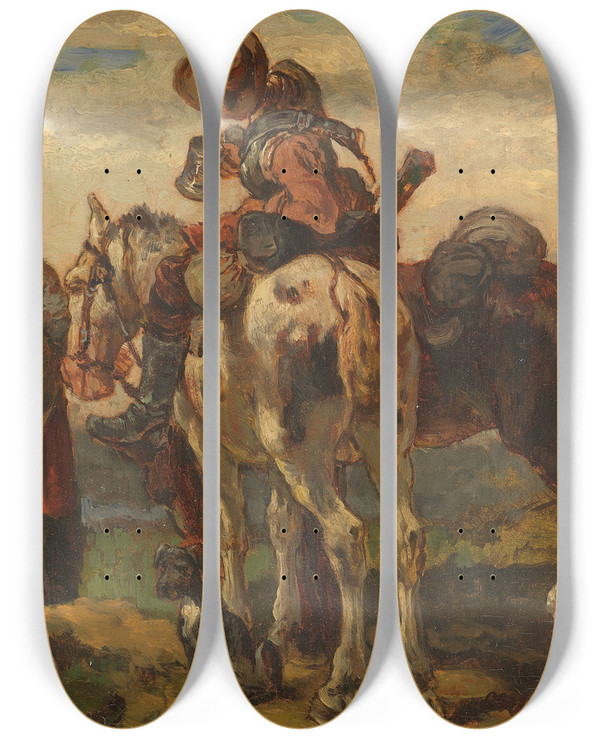 Triptych art skateboard deck of Wilhelm Von Diez Der Satteltrunk by Wilhelm von Diez (1839-1907)