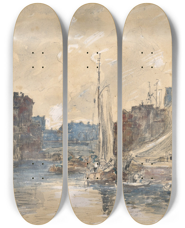 Triptych art skateboard deck of Eugne Boudin Port De Rotterdam by Eugene Boudin (1824-1898)