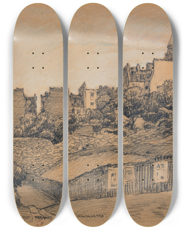 Triptych art skateboard deck of Ferdinand Boberg Terrains Vagues Montmartre by Ferdinand Boberg (1860-1946)