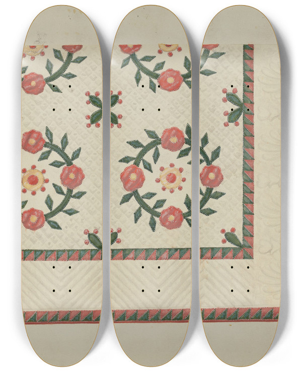 Triptych art skateboard deck of Edward L Loper Quilted Applique Coverlet_2 by Edward L Loper (1916-2011)