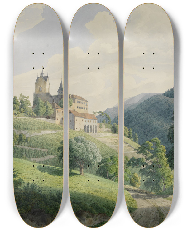 Triptych art skateboard deck of Carl Ludwig Frommel Blick Auf Schlo Eberstein by Carl Ludwig Frommel (1789-1863)