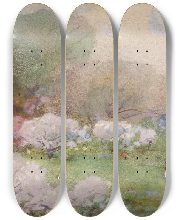 Triptych art skateboard deck of William Henry Holmes Cherry Blossoms by William Henry Holmes (1846-1933)