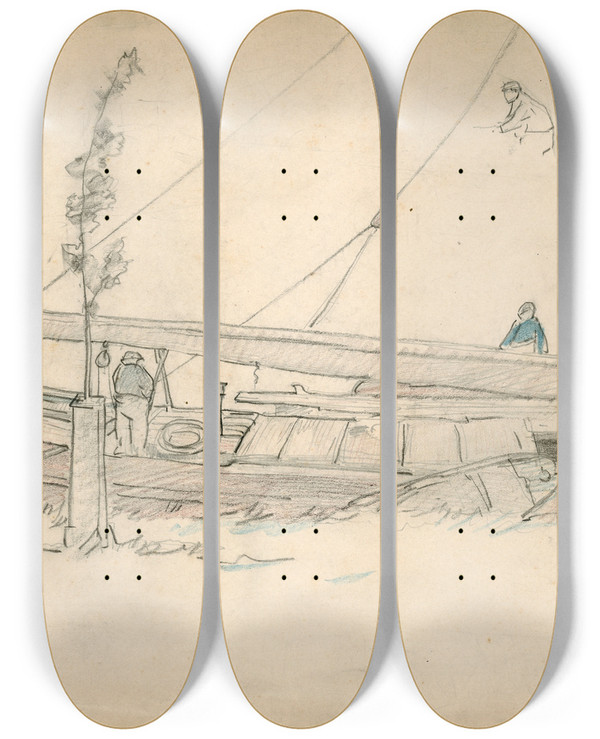 Triptych art skateboard deck of Adolf Le Comte Achtersteven Van Een Zeilboot_1 by Adolf Le Comte (1850-1921)