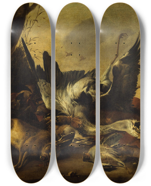 Triptych art skateboard deck of Jan Baptist Weenix Etalage De Gibier Mort by Jan Baptist Weenix (1621-1660)