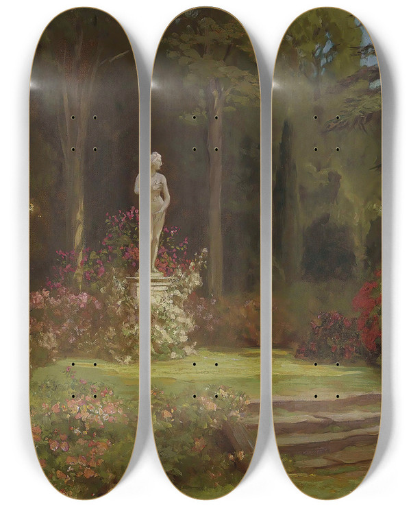 Triptych art skateboard deck of Arthur John Black The Rose Garden by Arthur John Black (1855-1936)