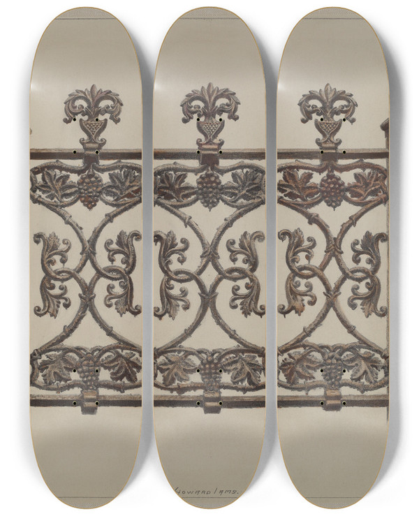 Triptych art skateboard deck of J Howard Iams Fence Panel by J Howard Iams (20-)