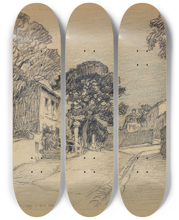 Triptych art skateboard deck of Ferdinand Boberg Rue Des Saules by Ferdinand Boberg (1860-1946)