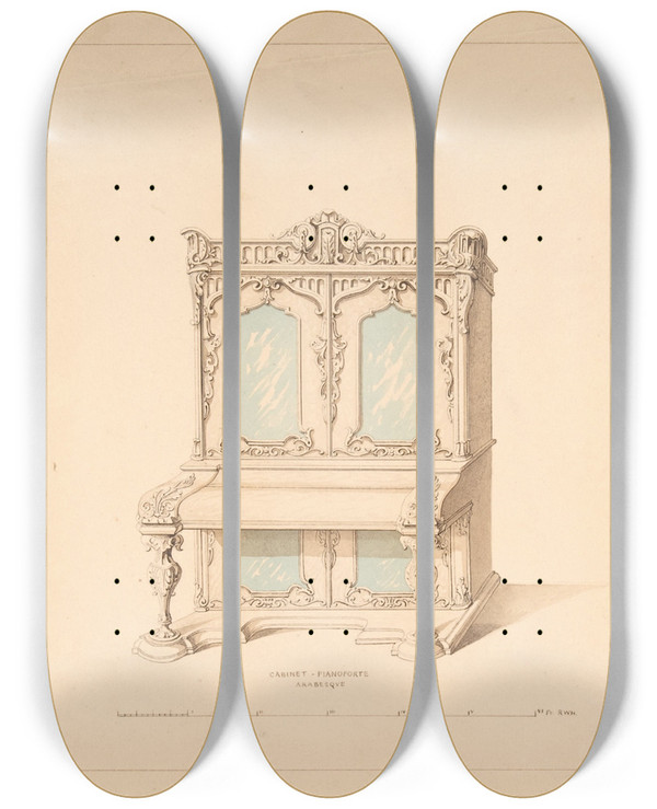 Triptych art skateboard deck of Robert William Hume Design For Cabinet Pianoforte Arabesque Style by Robert William Hume (1816-1904)