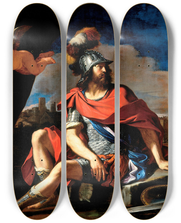 Triptych art skateboard deck of Guercino Mars With Cupid by Guercino (1591-1666)