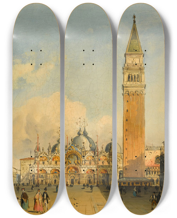 Triptych art skateboard deck of Carlo Grubacs Venetian View Iii by Carlo Grubacs (1812-1870)