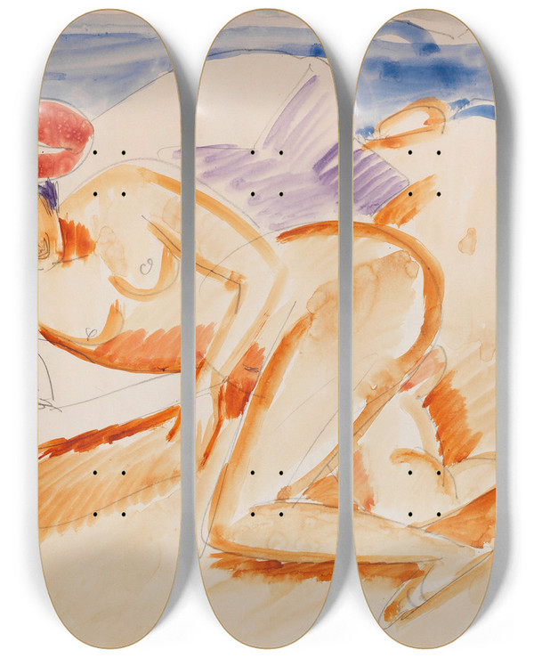 Triptych art skateboard deck of Ernst Ludwig Kirchner Akt Mit Rotem Hut by Ernst Ludwig Kirchner (1880-1938)